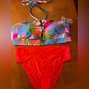 Tropical Print Bandeau Bikini Top with Solid Red High-Waist Bottoms